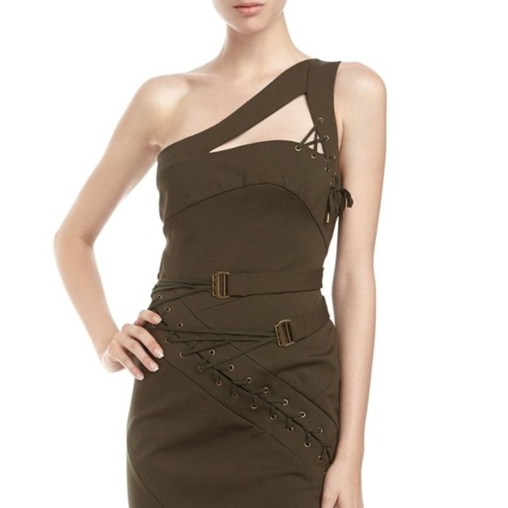 LAMB Gwen Stefani Y2K Olive Green One Shoulder Lace Up Belted Mini Dress, Size 0
